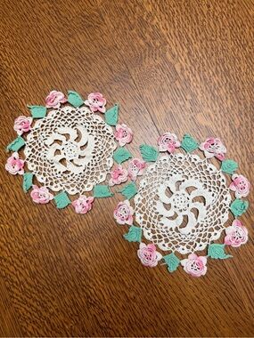 Handmade White Crochet Doilies with Pink Roses and Green Leaves